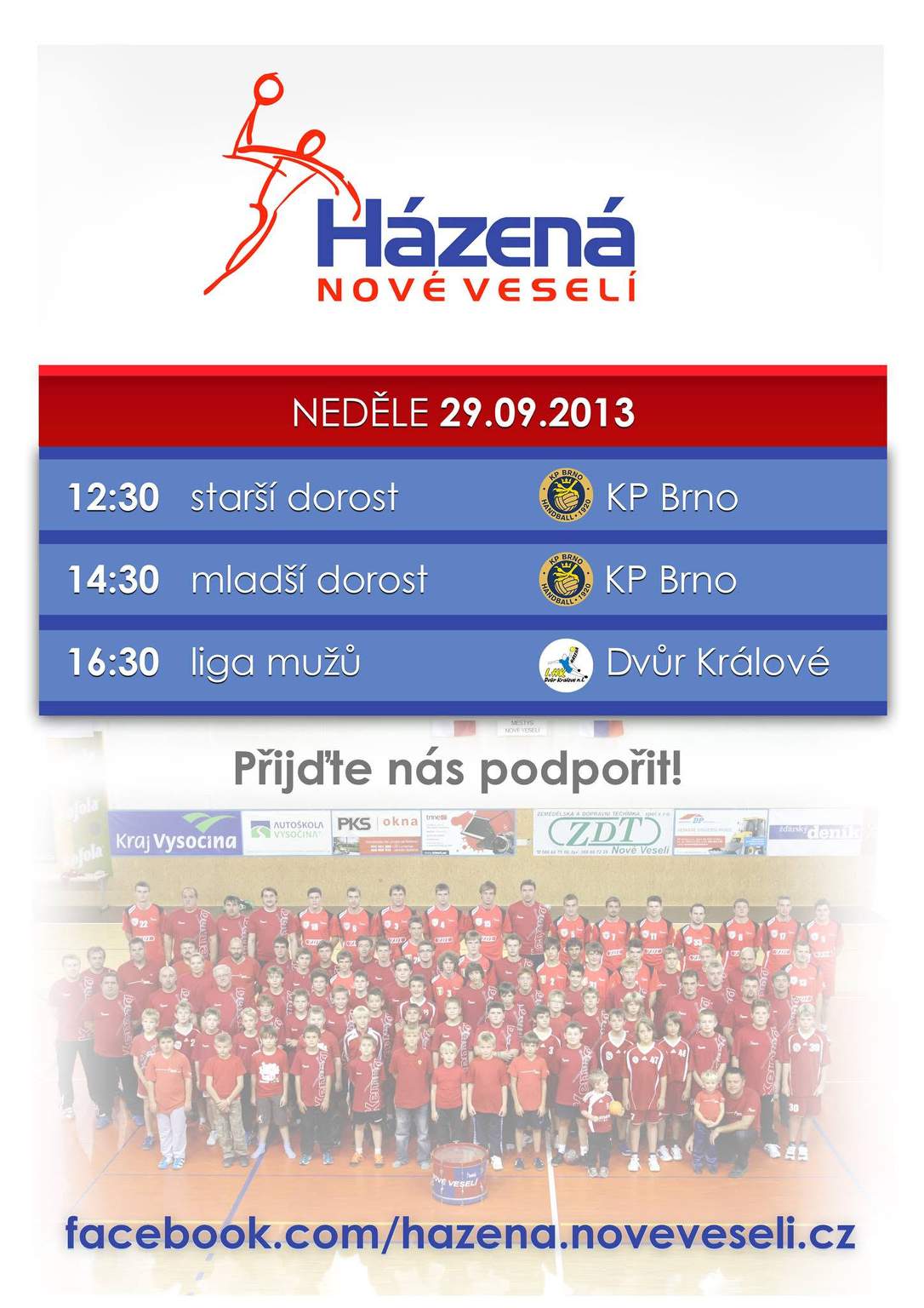 A match-day poster for Házená Nové Veselí, 29 September 2013: three home games and the club's team photo