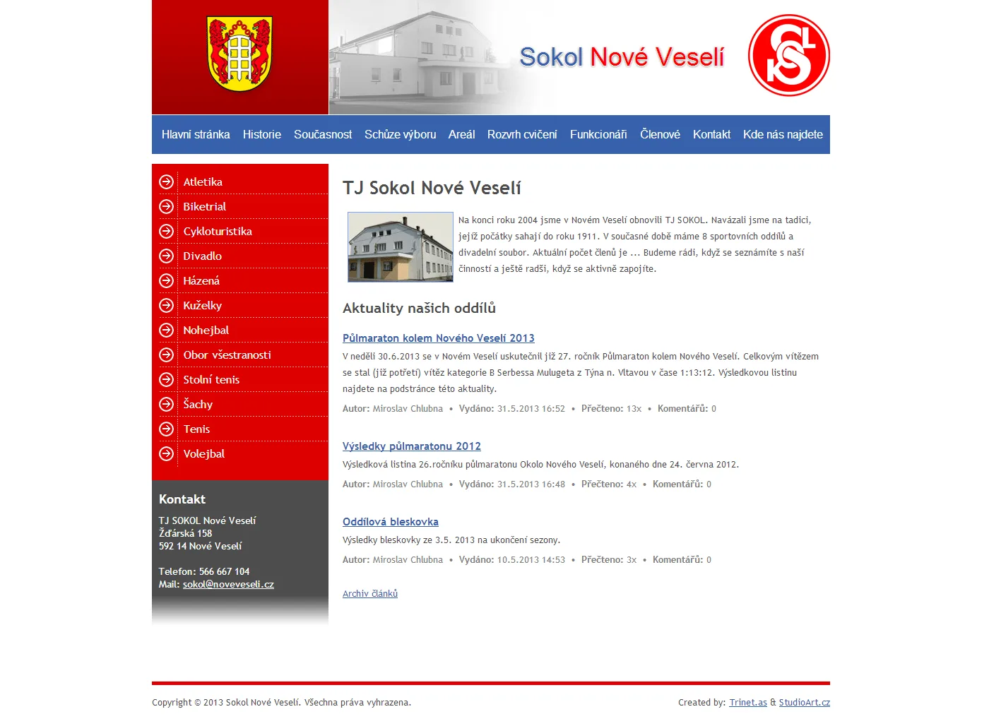 The Sokol Nové Veselí website in 2013: the club's sections, news and contact