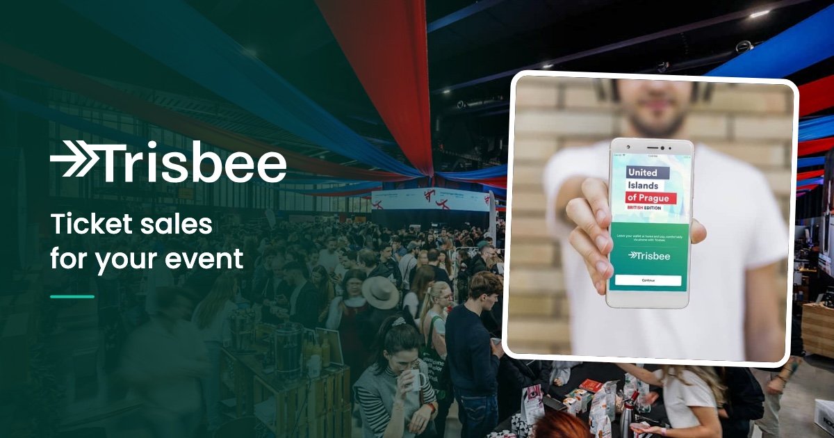 Trisbee, ticket sales for your event: a crowded festival and a phone showing the United Islands of Prague ticket screen